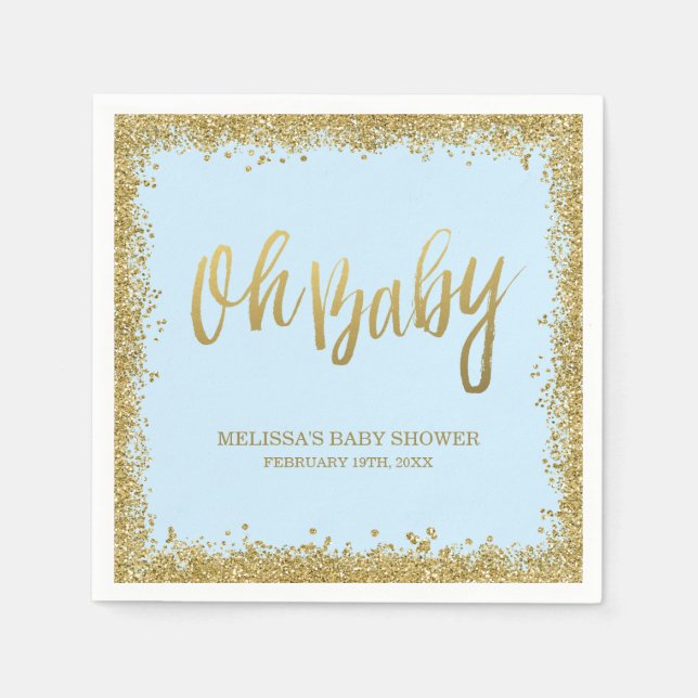 Oh Baby Blue Gold Glitter Baby Shower Paper Napkins (Front)