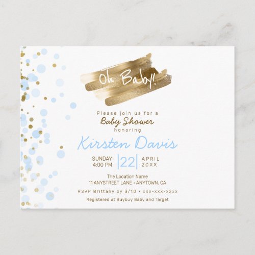 Oh Baby Blue  Gold Its a Boy Baby Shower Postcard