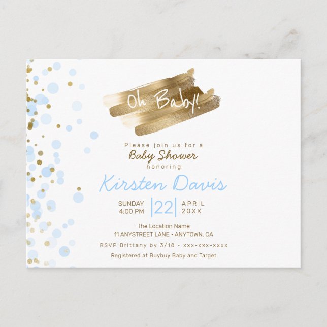 Oh Baby Blue & Gold It's a Boy Baby Shower Postcard (Front)