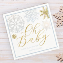 Oh Baby Blue & Gold Snowflakes Baby Shower Napkins