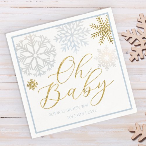Oh Baby Blue  Gold Snowflakes Baby Shower Napkins