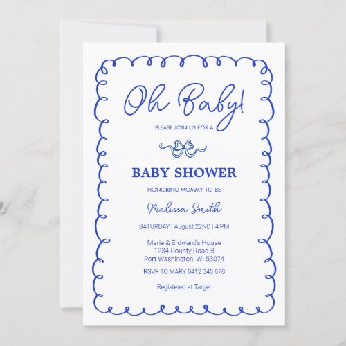 Oh Baby Blue Hand Drawn Baby Shower  Invitation