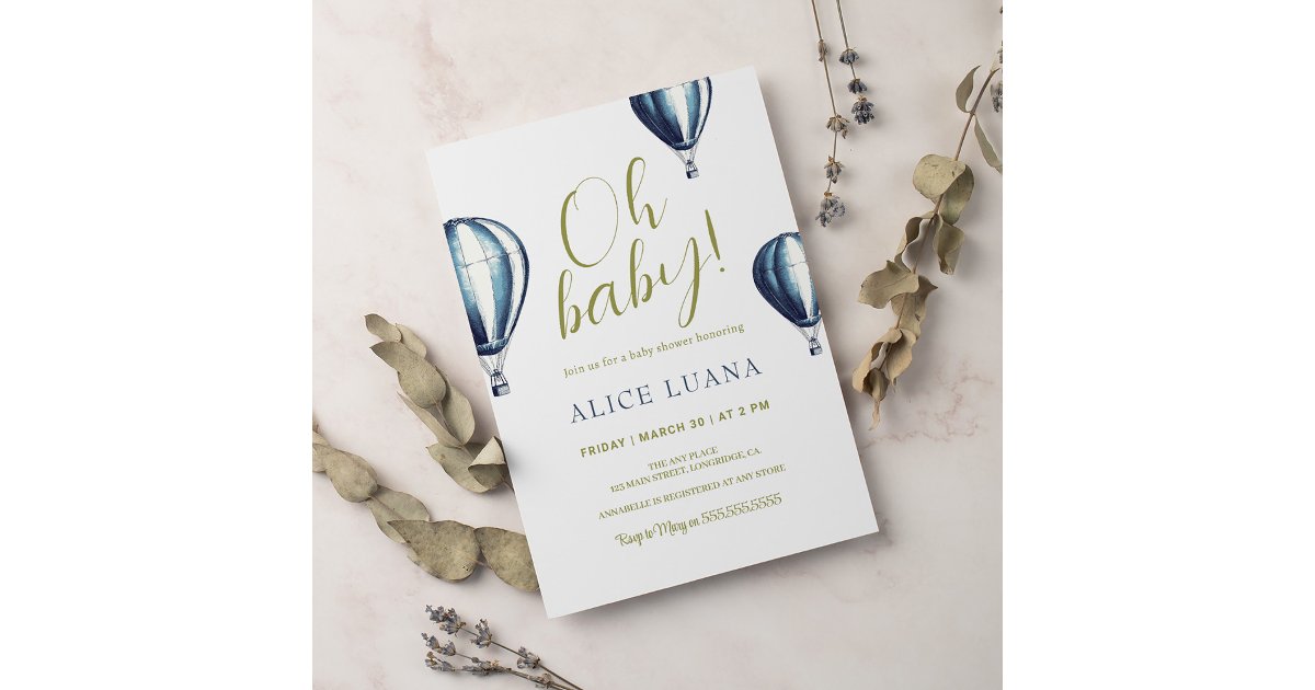 Oh Baby Blue Hot Air Balloon Baby Shower Invitation | Zazzle