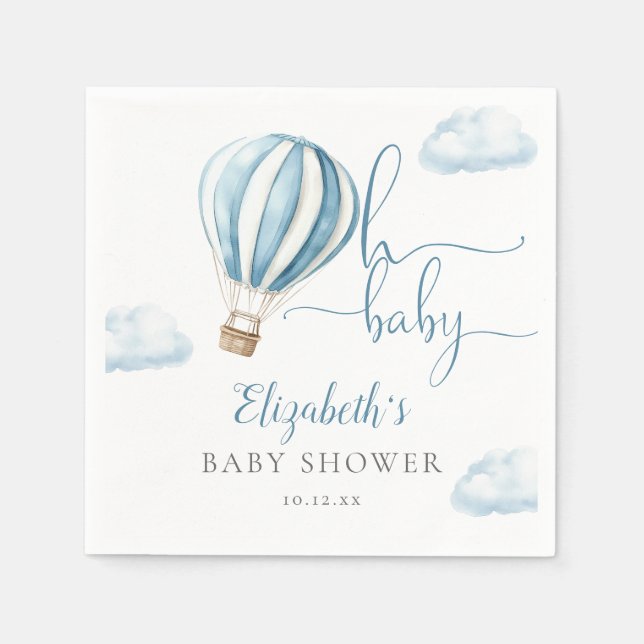 Oh Baby Blue Hot Air Balloon Boy Baby Shower Napkins (Front)