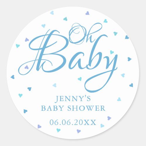 Oh Baby Blue Love Hearts Baby Shower  Sprinkle Classic Round Sticker