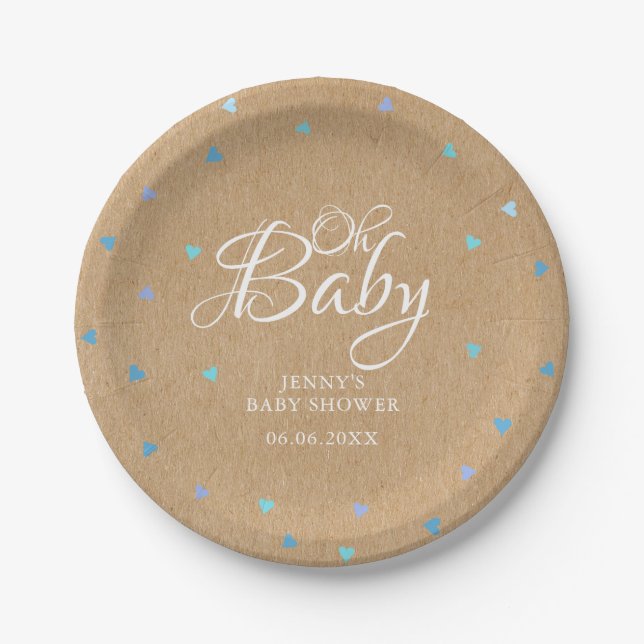 Oh Baby Blue Love Hearts Baby Shower / Sprinkle Paper Plates (Front)