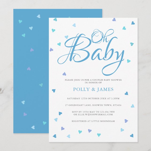 Oh Baby Blue Love Hearts Couples Baby Shower Invitation (Front/Back)