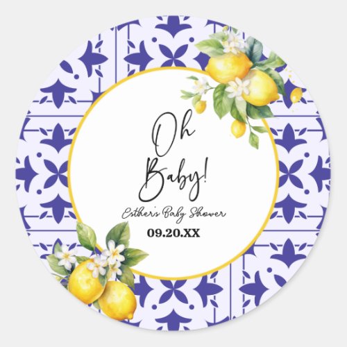 Oh Baby Blue Mediterranean Tile Lemon Baby Shower Classic Round Sticker