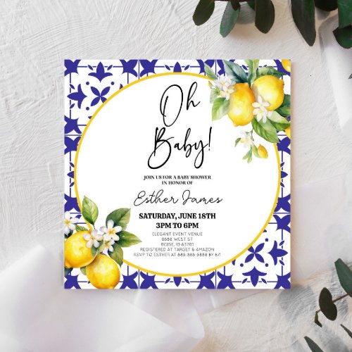 Oh Baby Blue Mediterranean Tile Lemon Baby Shower Invitation