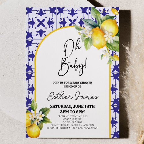 Oh Baby Blue Mediterranean Tile Lemon Baby Shower Invitation