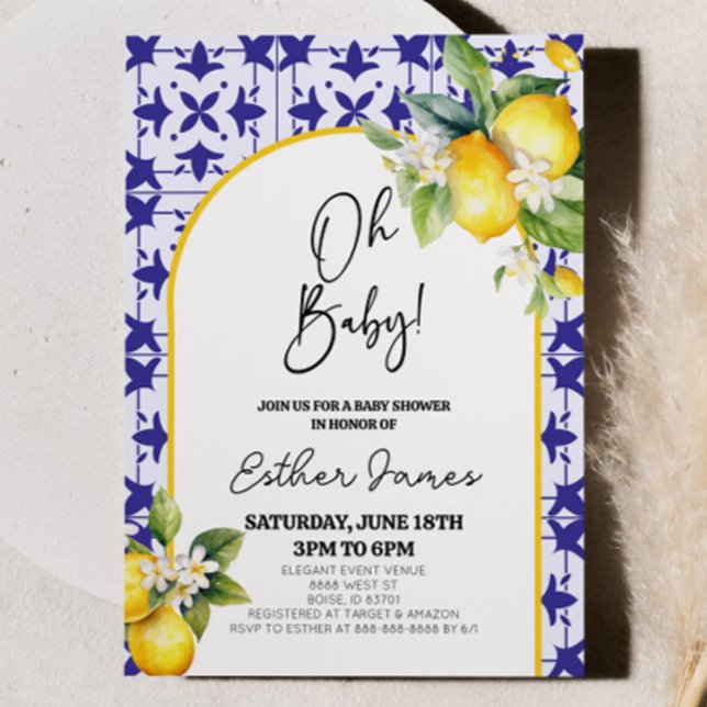 Oh Baby! Blue Mediterranean Tile Lemon Baby Shower Invitation (Creator Uploaded)