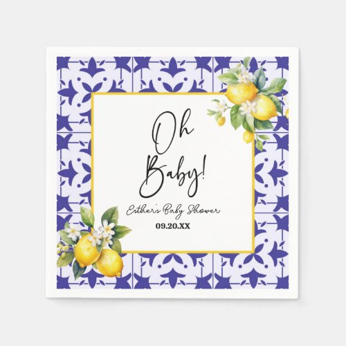 Oh Baby Blue Mediterranean Tile Lemon Baby Shower Napkins