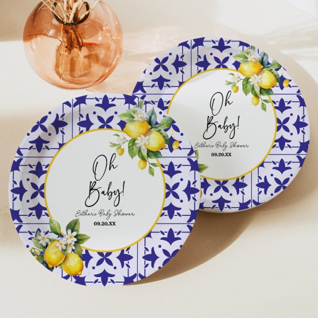 Oh Baby! Blue Mediterranean Tile Lemon Baby Shower Paper Plates (Creator Uploaded)
