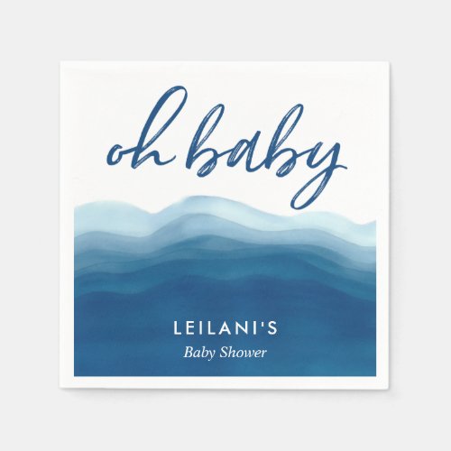 Oh Baby Blue Ombre Watercolor Wave Baby Shower Napkins