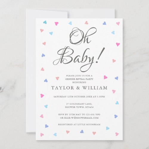 Oh Baby Blue Pink Hearts Gender Reveal Party Invitation