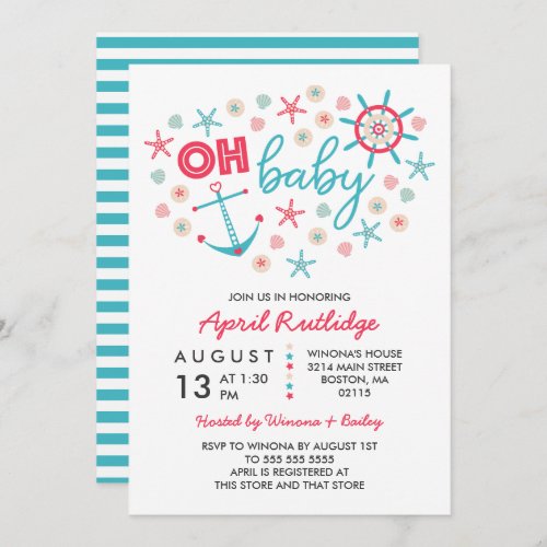 Oh Baby Blue  Red Nautical Baby Shower Invitation
