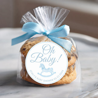 Oh Baby Blue Rocking Horse Baby Shower Favor  Classic Round Sticker