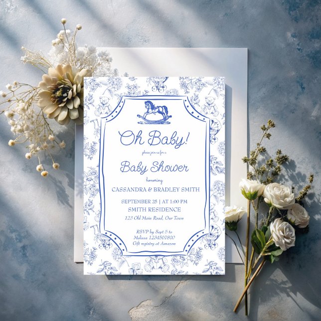 Oh baby blue rocking horse sketch baby shower invitation (Oh baby dusty blue rocking horse vintage sketch toile de jouy baby shower invitation template)