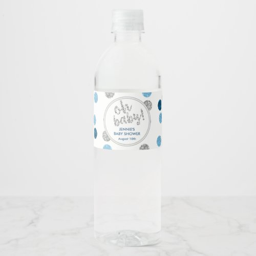 Oh Baby Blue  Silver Glitter Baby Shower Water Bottle Label