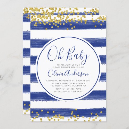 Oh Baby Blue Stripe Glitter Baby Shower Invitation