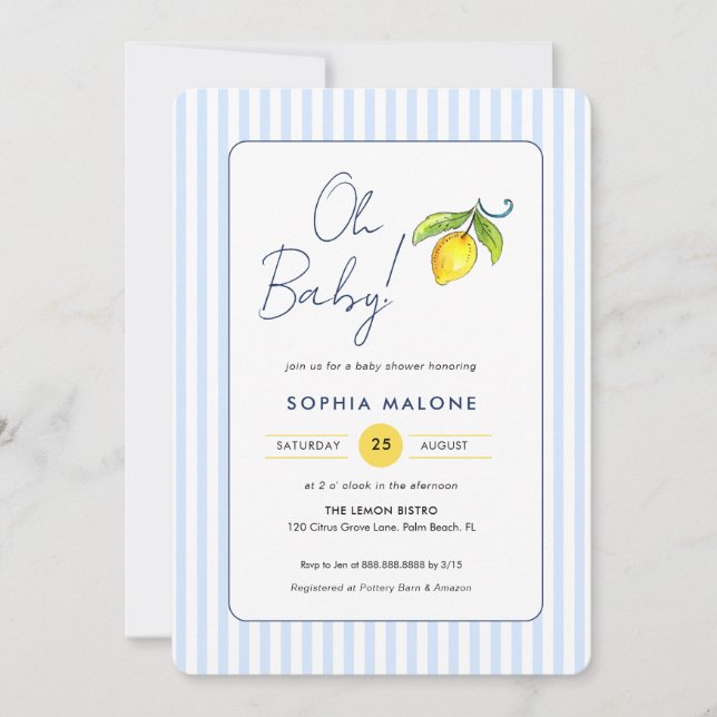 Oh Baby Blue stripes Lemon Baby boy shower  Invitation (Front)