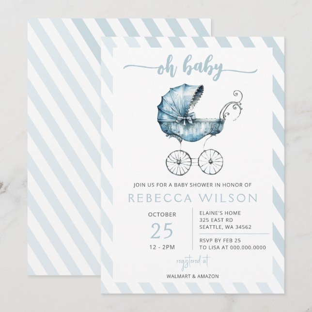 Oh Baby Blue Stroller Pram Boy Baby Shower  Invitation (Front/Back)