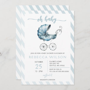 Oh Baby Blue Stroller Pram Boy Baby Shower Invitation