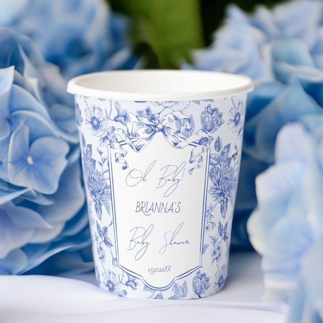Oh baby blue toile de jouy bow baby shower paper cups (Oh baby blue toile de jouy vintage bow baby sketch shower monogrammed paper cups personalized decor)