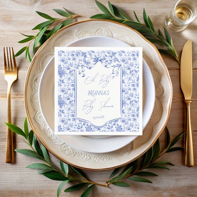 Oh baby blue toile de jouy sketch baby shower napkins (Oh baby blue toile de jouy vintage sketch bow ribbon baby shower monogrammed personalized napkins)
