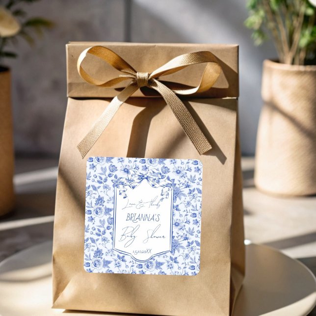 Oh baby blue toile sketch baby shower favor square sticker (Oh baby blue toile de jouy ribbon bow sketch baby shower thank you favor sticker personalized favors)