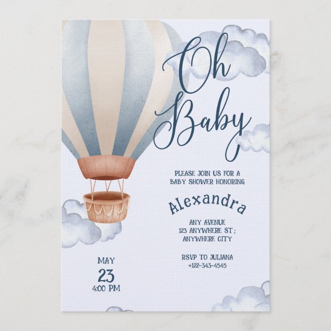 Oh Baby Blue Watercolor Air Balloon Baby Shower   Invitation (Front)