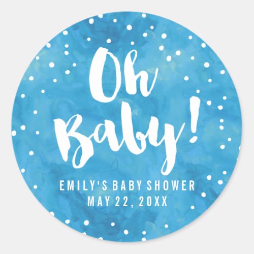 Oh Baby Blue Watercolor Baby Shower Classic Round Sticker