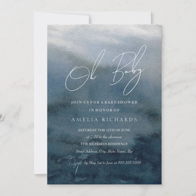 Oh Baby Blue Watercolor Baby Shower  Invitation (Front)
