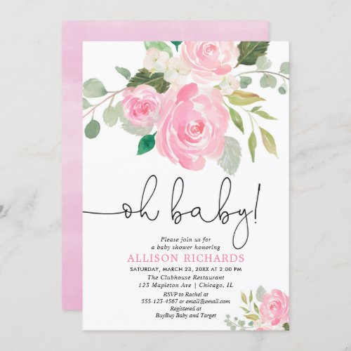 Oh baby Blush girl baby shower floral watercolors Invitation