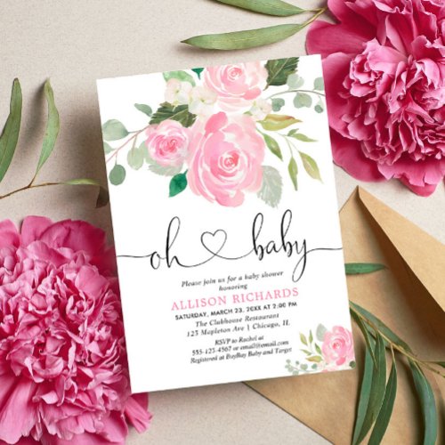 Oh Baby Blush pink baby shower floral watercolors Invitation