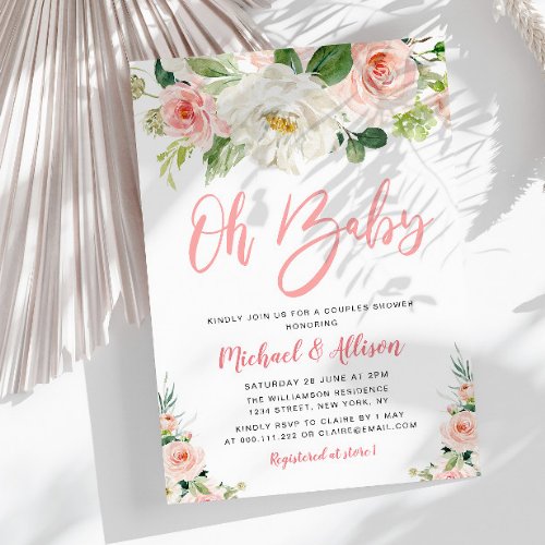OH BABY  blush pink blooms floral couples shower Invitation