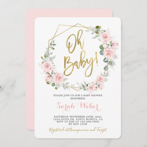 Oh Baby blush pink floral baby shower girl Invitation