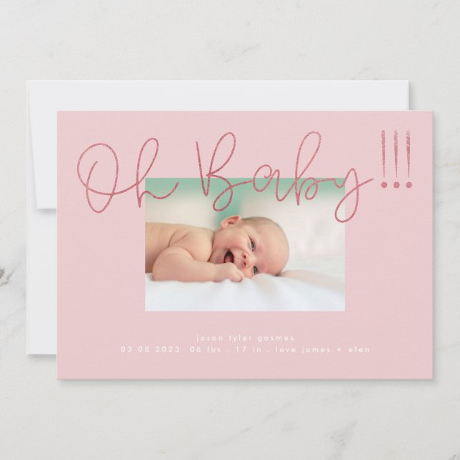Oh Baby Blush Pink Foil modern Funky Fun Baby Announcement (Front)