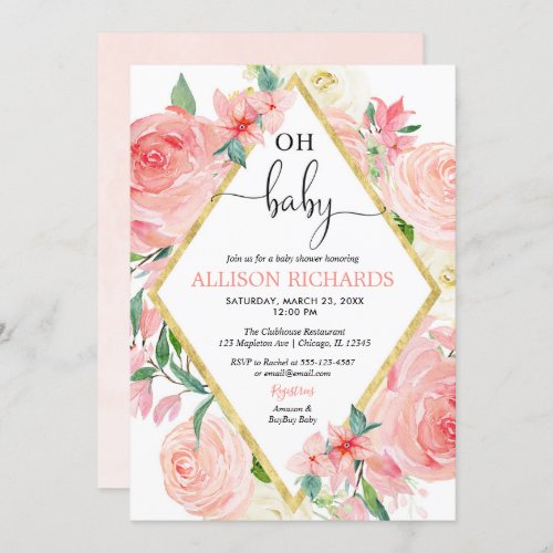 Oh baby blush pink gold girl baby shower invitation