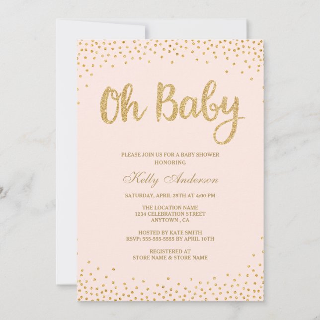 Oh Baby Blush Pink Gold Glitter Baby Shower Card (Front)