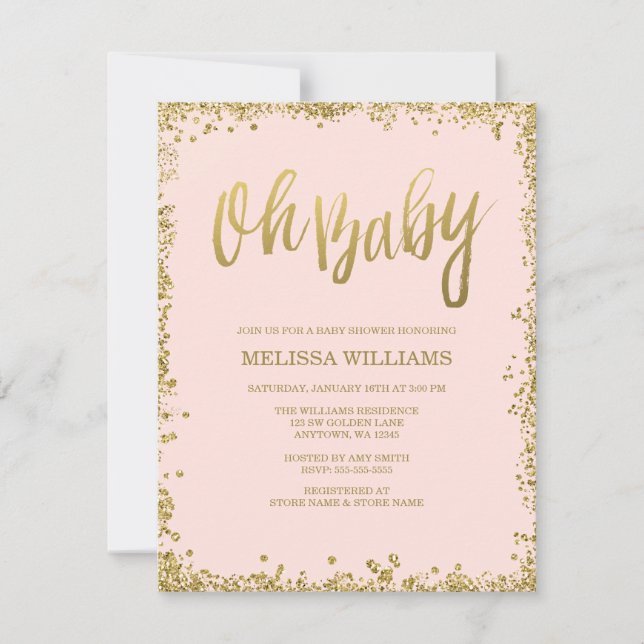 Oh Baby Blush Pink Gold Glitter Baby Shower Invitation (Front)