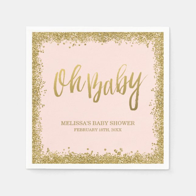 Oh Baby Blush Pink Gold Glitter Baby Shower Paper Napkins (Front)