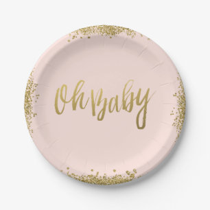 Oh Baby Blush Pink Gold Glitter Baby Shower Paper Plates