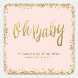 Oh Baby Blush Pink Gold Glitter Baby Shower Square Sticker