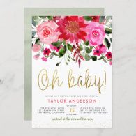 Oh Baby Blush Pink & Red Floral Baby Girl Shower Invitation