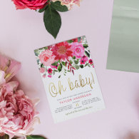 Oh Baby Blush Pink & Red Floral Baby Girl Shower Invitation