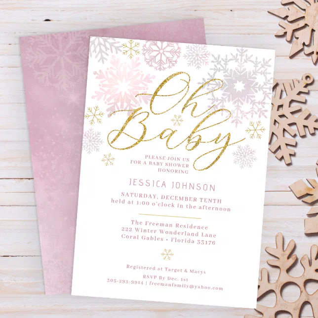 Oh Baby Blush Pink Winter Wonderland Baby Shower Invitation | Zazzle