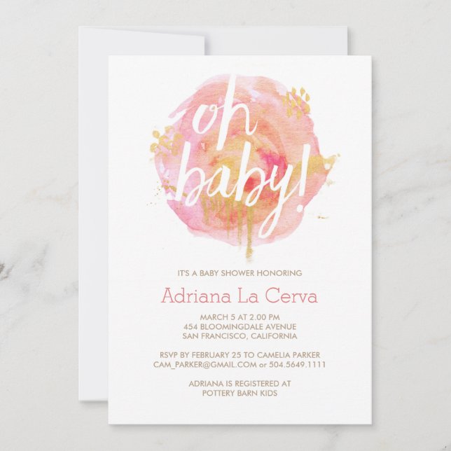 Oh Baby Blush watercolor Baby Shower Invitation (Front)