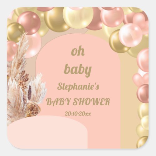 Oh baby boho balloon arch pampas baby shower  square sticker