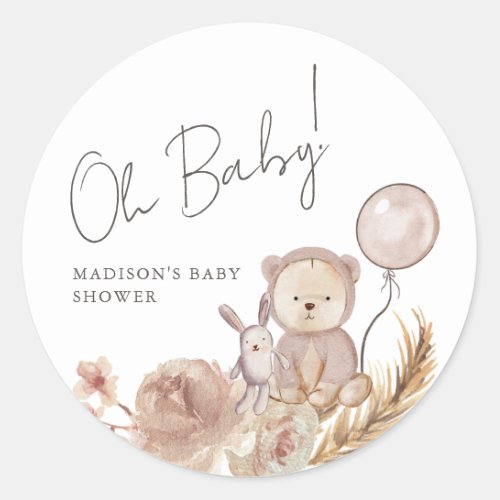 Oh Baby Boho Botanical with Sweet Bear Baby Shower Classic Round Sticker